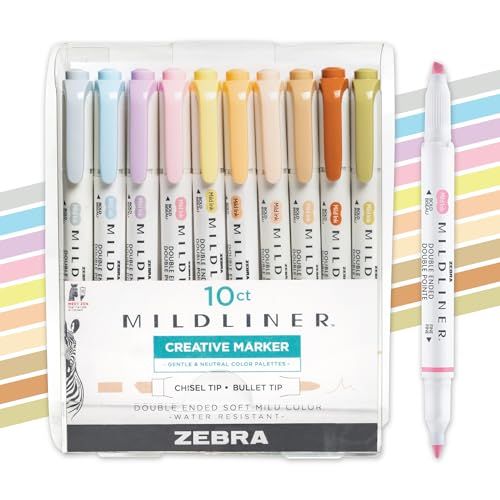 Zebra Pen Mildliner Double-Ended Highlighter Set, Chisel and Bullet Point Tips, Ideal for Bible Highlighting, No Bleed Assorted Neutral and Gentle Ink Colors, 10-Pack (78701)