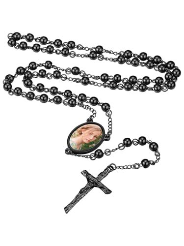 FaithHeart Picture Custom Y Necklace with Crucifix Pendant Jewelry for Men, Black Rosary Charms